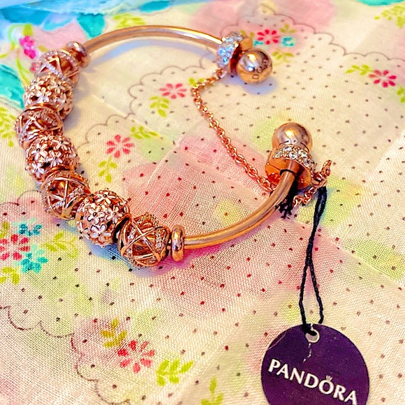 *AUTHENTIC PANDORA* 18krose gold over 925ss SIZE 3 Cuff bangle bracelet w/EXTRAS - Picture 4 of 15